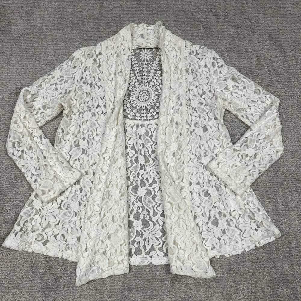 Solitaire Boho Cardigan Womens Large Crochet Lace Floral Cover Up Ivory Open